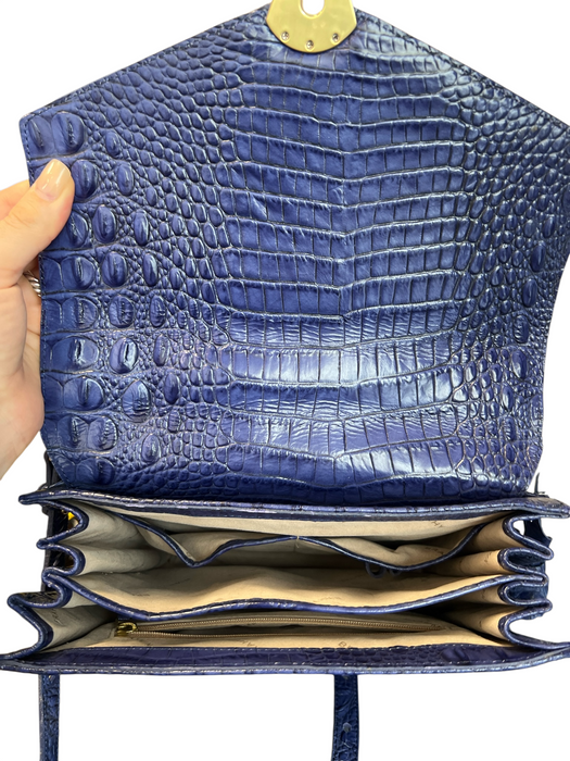 Brahmin Blue Leather Reptile Embossed Gold Hardware Lock Clasp Tassels Bag Blue