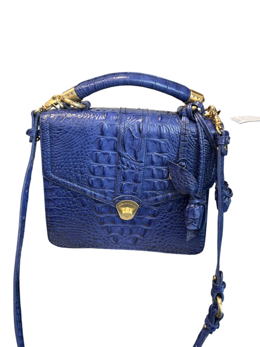 Brahmin Blue Leather Reptile Embossed Gold Hardware Lock Clasp Tassels Bag Blue
