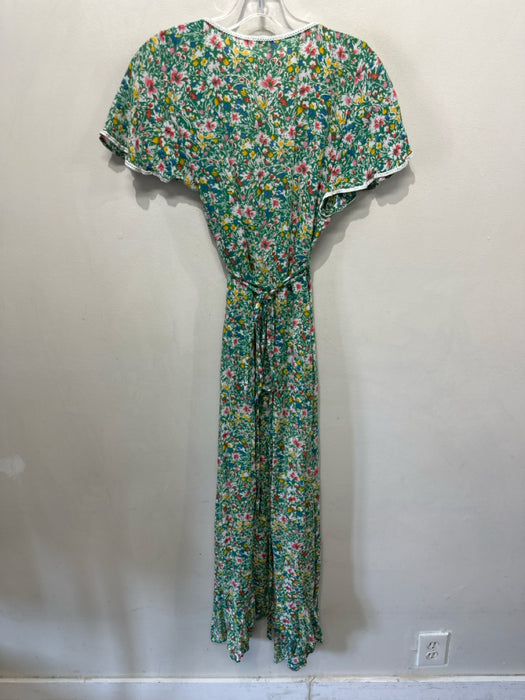 Poupette St. Barth Size S Green & Multi Viscose Floral Cap Sleeve Wrap Dress