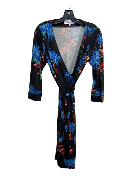 Diane Von Furstenberg Size 8 Black & Multi Silk Wrap 3/4 Sleeve Midi Dress Black & Multi / 8