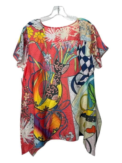 Johnny Was Size M Red & Multi Silk Scoop Neck Short Sleeve Abstract Top Red & Multi / M