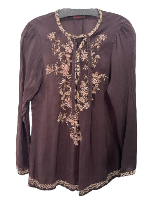 Johnny Was Size M Brown & Beige Cupra round split neck Floral Embroidery Top Brown & Beige / M