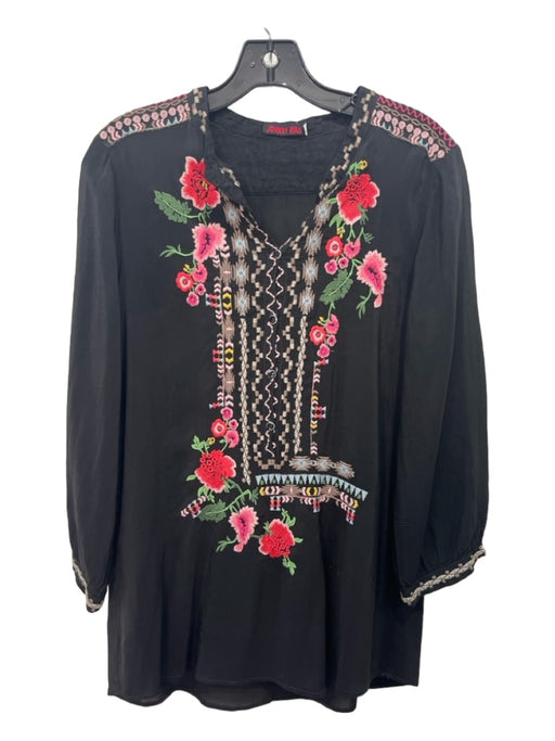 Johnny Was Size M Black & Multi Cupra round split neck Floral Embroidery Top Black & Multi / M