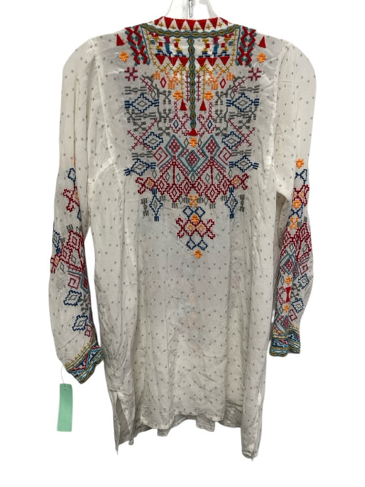 Johnny Was Size S White, Red & Multi Silk Long Sleeve Spotted Embroidered Dress White, Red & Multi / S