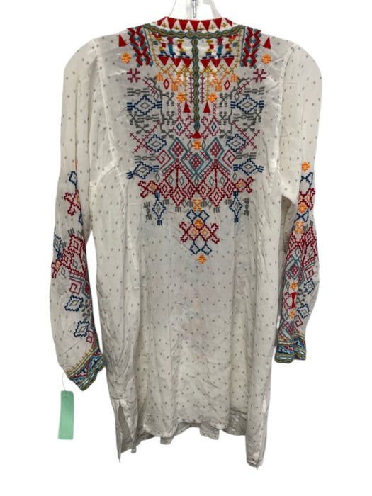 Johnny Was Size S White, Red & Multi Silk Long Sleeve Spotted Embroidered Dress White, Red & Multi / S