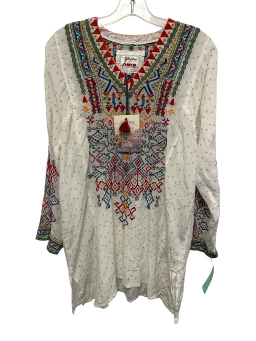 Johnny Was Size S White, Red & Multi Silk Long Sleeve Spotted Embroidered Dress White, Red & Multi / S