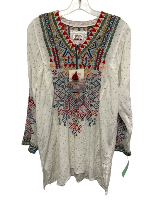 Johnny Was Size S White, Red & Multi Silk Long Sleeve Spotted Embroidered Dress White, Red & Multi / S