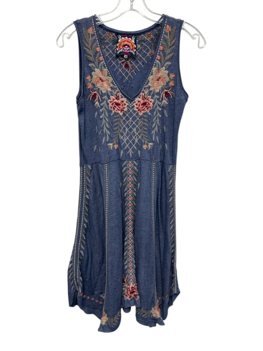 Johnny Was Size S Blue, Pink & Taupe Cotton V Neck Sleeveless Embroidered Dress Blue, Pink & Taupe / S