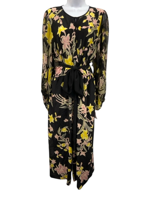 Diane Von Furstenberg Size L Black, Pink, Yellow Silk Long Sheer Sleeves Dress Black, Pink, Yellow / L