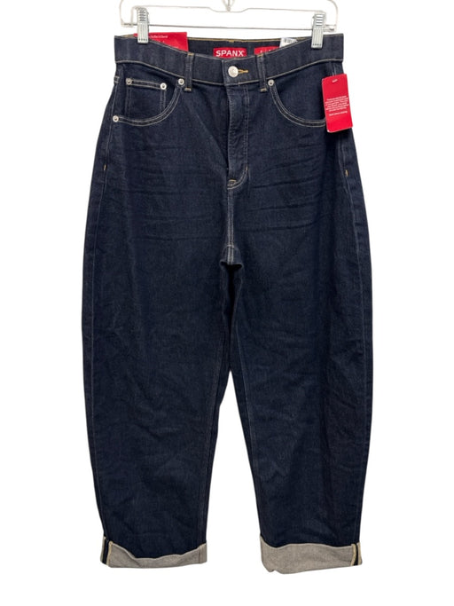 Spanx Size M Dark Wash Cotton Blend Zip Fly High Rise Barrel Leg Cuff Jeans Dark Wash / M