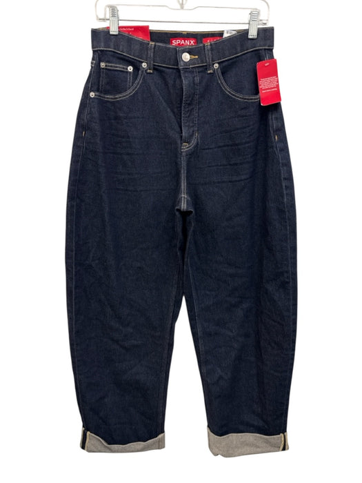 Spanx Size M Dark Wash Cotton Blend Zip Fly High Rise Barrel Leg Cuff Jeans Dark Wash / M