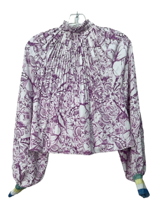 Tibi Size 2 White & Purple Polyester PLeat Neck Floral Long Sleeve Crop Top White & Purple / 2