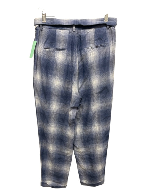 Reformation Size 8 Blue & White Linen Fold Over Waist Plaid Sash Wide Leg Pants Blue & White / 8