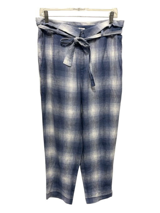Reformation Size 8 Blue & White Linen Fold Over Waist Plaid Sash Wide Leg Pants Blue & White / 8
