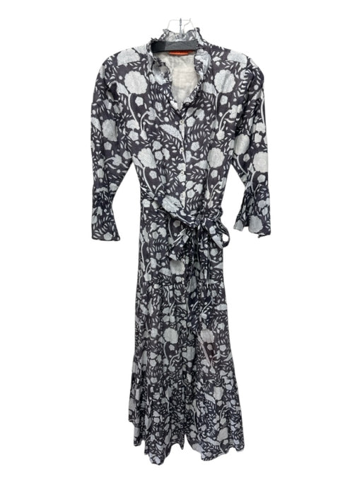 Oliphant Size XS Gray, White & Blue Cotton Silk Floral Ruffle Details Dress Gray, White & Blue / XS