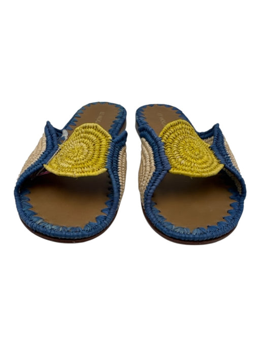 Le Mogador Shoe Size 37 Blue, Cream & Yellow Raffia Round Toe Whipstitch Sandals Blue, Cream & Yellow / 37