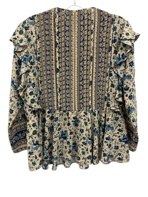 Sea New York Size S Blue, Cream & Brown Silk Long Sleeve Floral Peplum Top Blue, Cream & Brown / S