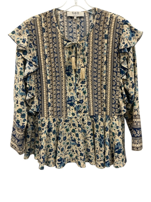 Sea New York Size S Blue, Cream & Brown Silk Long Sleeve Floral Peplum Top Blue, Cream & Brown / S