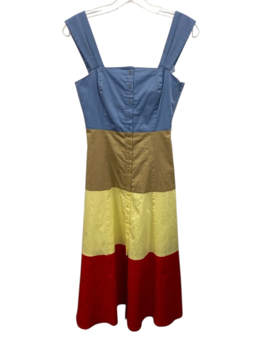 Staud Size 0 Blue, Beige, Yellow Cotton Sleeveless Button Color Block Mid Dress Blue, Beige, Yellow / 0