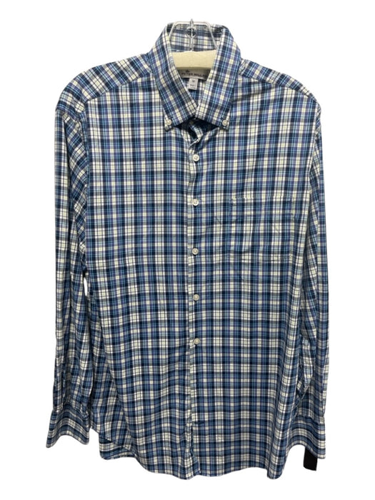 Peter Millar Size M Blue & White Synthetic Plaid Button Collar Long Sleeve Shirt M