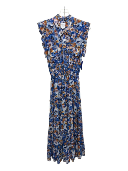 Misa Size M Blue, White, yellow Polyester Ruffle Cap Sleeve Floral Print Dress Blue, White, yellow / M