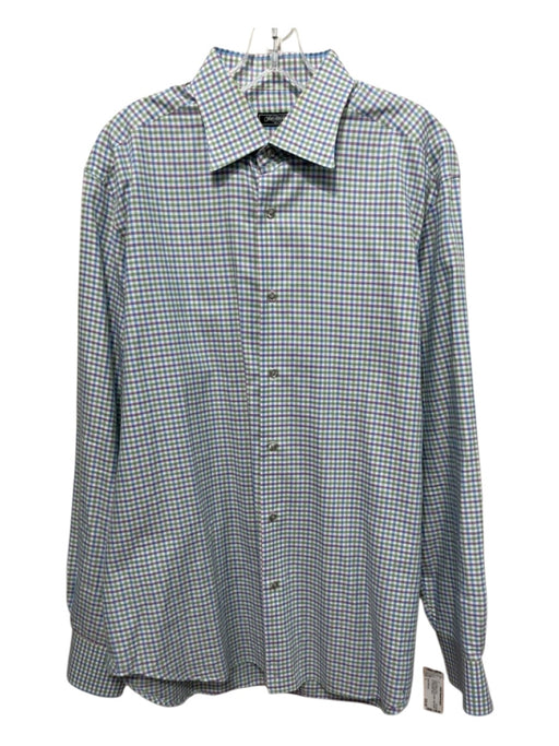 Saks Fifth Ave Size L Green & Purple Print Cotton Plaid Men's Long Sleeve Shirt Green & Purple Print / L