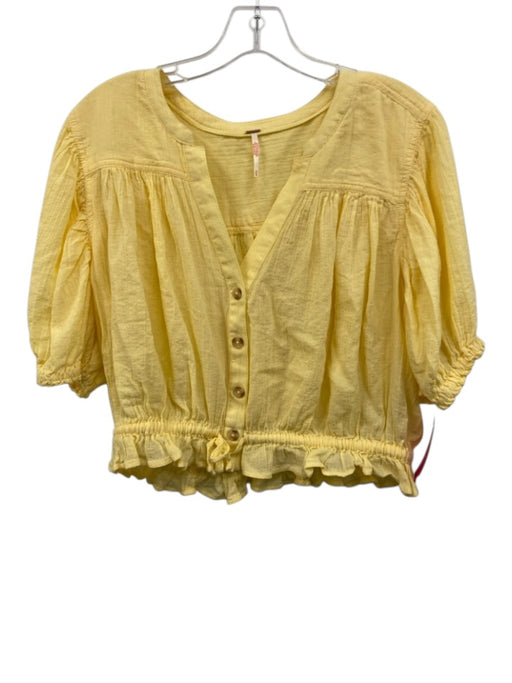 Free People Size M Light Yellow Cotton Short Puff Sleeve Button Front Top Light Yellow / M