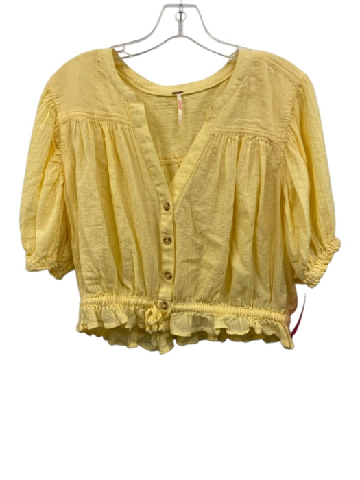 Free People Size M Light Yellow Cotton Short Puff Sleeve Button Front Top Light Yellow / M