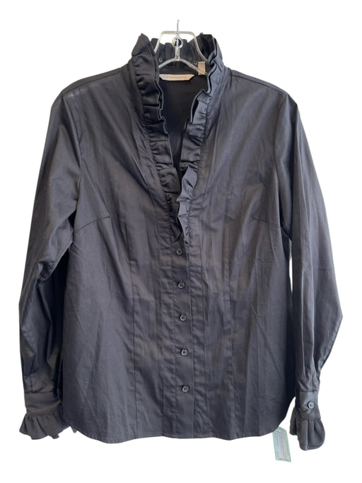 Soft Surroundings Size S Black Cotton Long Sleeve Ruffle collar Button up Top Black / S