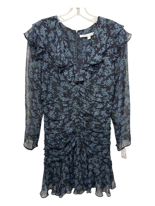 Veronica Beard Size 6 Black, Blue, Green Silk Long Sleeve Floral Ruffles Dress Black, Blue, Green / 6