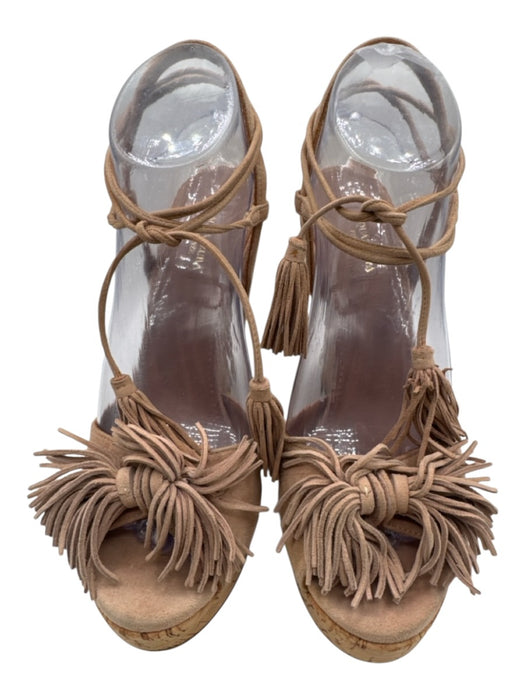 Aquazzura Shoe Size 38.5 Beige Suede Cork Tassels Wedge Platform Sandals Beige / 38.5