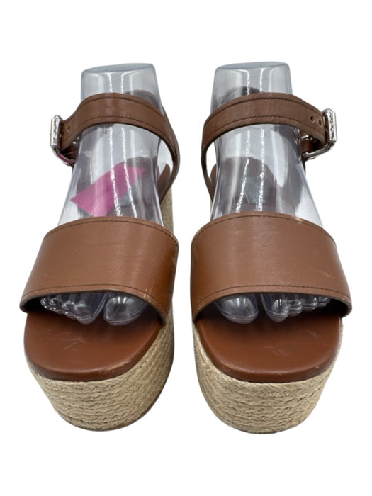 Prada Shoe Size 38 Brown & Beige Leather Raffia Ankle Buckle Wedges Brown & Beige / 38