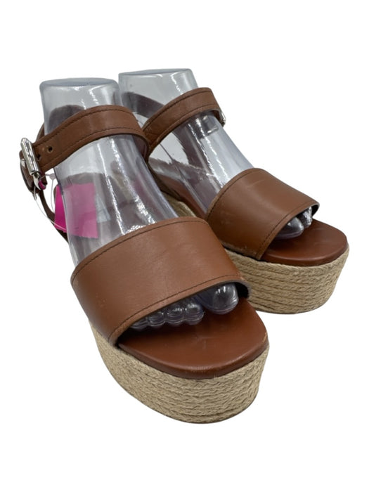 Prada Shoe Size 38 Brown & Beige Leather Raffia Ankle Buckle Wedges Brown & Beige / 38