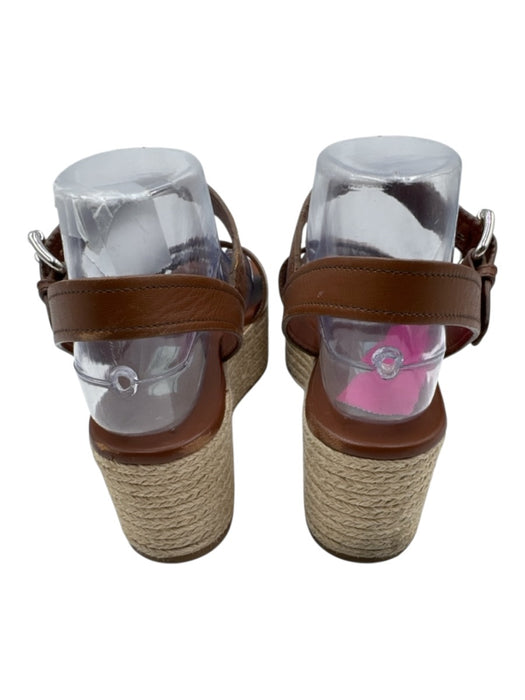 Prada Shoe Size 38 Brown & Beige Leather Raffia Ankle Buckle Wedges Brown & Beige / 38
