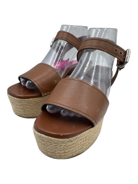 Prada Shoe Size 38 Brown & Beige Leather Raffia Ankle Buckle Wedges Brown & Beige / 38