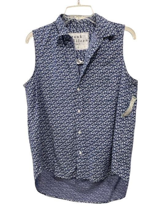 Frank & Eileen Size S Blue & White Cotton Sleeveless Floral Button Up Top Blue & White / S