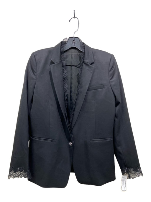 The Kooples Size S/XS Black Wool Blend Lace Trim One Button Blazer Pant Set Black / S/XS