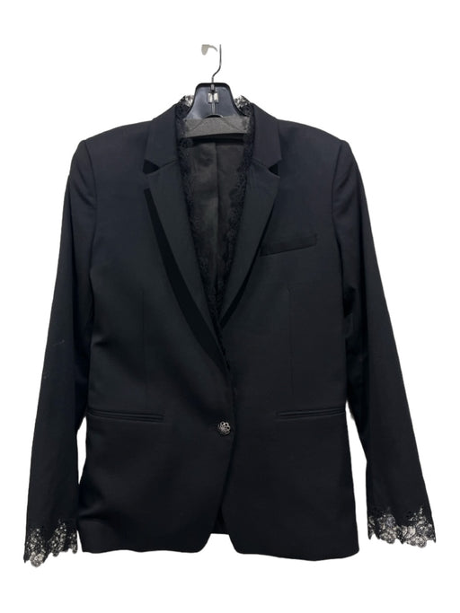 The Kooples Size 36/4 Black Wool Blend One Button Lace Trim Blazer Jacket Black / 36/4