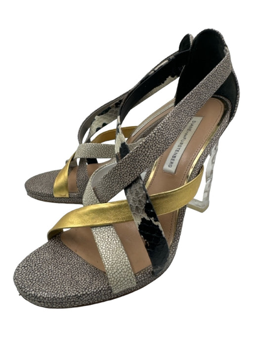 Diane Von Furstenberg Shoe Size 36.5 Gray, Gold, Cream Leather Criss Cross Pumps Gray, Gold, Cream / 36.5