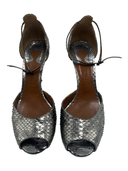 Chloe Shoe Size 37 Silver Leather Metallic Peep Toe Snakeskin Pumps Silver / 37