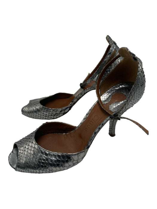 Chloe Shoe Size 37 Silver Leather Metallic Peep Toe Snakeskin Pumps Silver / 37