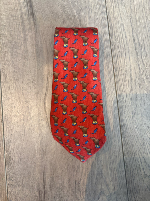 Hermes Red & Multi Silk & Cotton Blend All Over Print Men's Tie