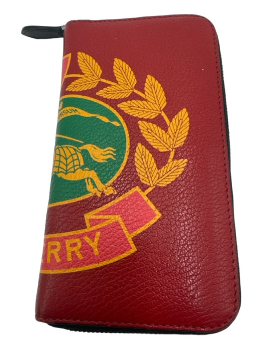 Burberry Red, Yellow, Green Leather Zip Around Crest Logo Continental Wallets Red, Yellow, Green