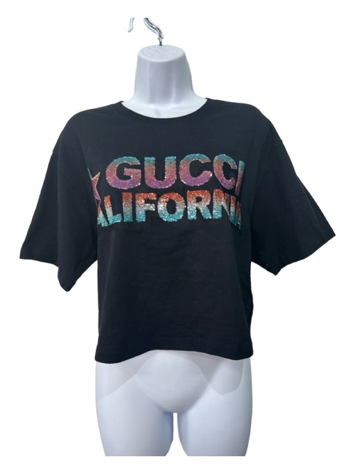 Gucci Size M Black Cotton Short Sleeve Sequined Cropped T-shirt Top Black / M