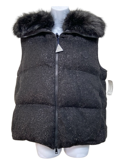 Moncler Size L Black Modacrylic Blend Faux Fur Collar Zip Front Tweed Vest Black / L