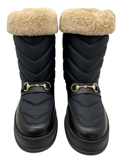 Gucci Shoe Size 9 Black & Beige Nylon & Leather Round Toe Zig Zag Boots Black & Beige / 9