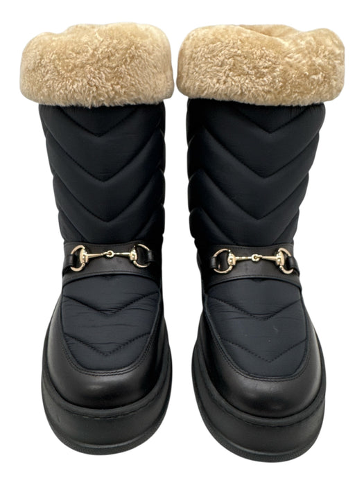 Gucci Shoe Size 9 Black & Beige Nylon & Leather Round Toe Zig Zag Boots Black & Beige / 9