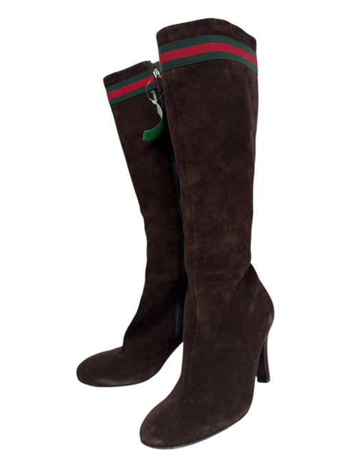 Gucci Shoe Size 40.5 Brown, Red, Green Leather Suede Round Toe Gucci Web Boots Brown, Red, Green / 40.5