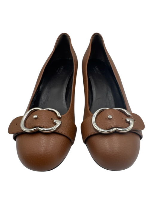 Gucci Shoe Size 40 Brown Pebble Leather Block Heel Buckle Logo Round Toe Sandals Brown / 40