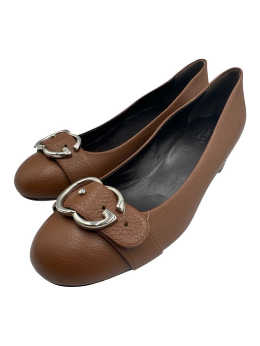 Gucci Shoe Size 40 Brown Pebble Leather Block Heel Buckle Logo Round Toe Sandals Brown / 40